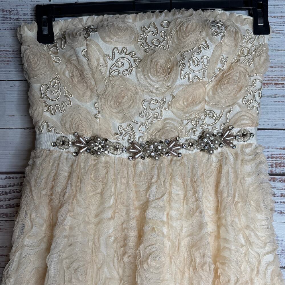 Adrianna Papell Strapless Rosette Gown Beaded Formal Dress Champagne 4 - Picture 4 of 8